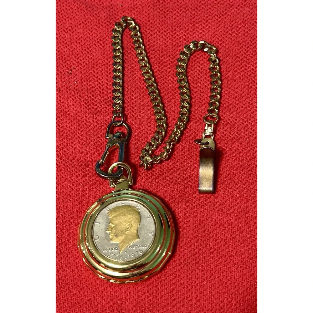 Vintage Brut Quartz JFK Bicentennial Gold Tone Half Dollar Coin Pocket Watch